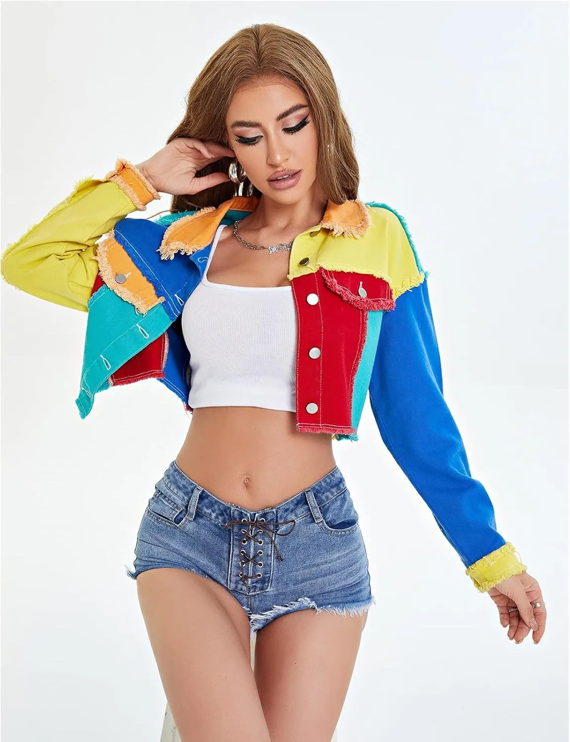 Color Block Cropped Denim Jacket for Women Colorful Jacket Rainbow Denim Jacket
