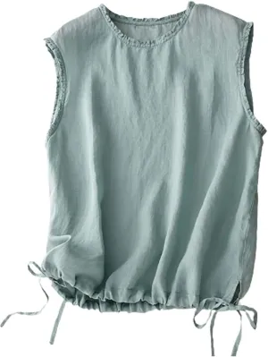 Cotton Linen Tank Tops for Womens Summer Sleeveless Crewneck Vest Casual Solid Color Loose Basic Crop Blouse Shirt