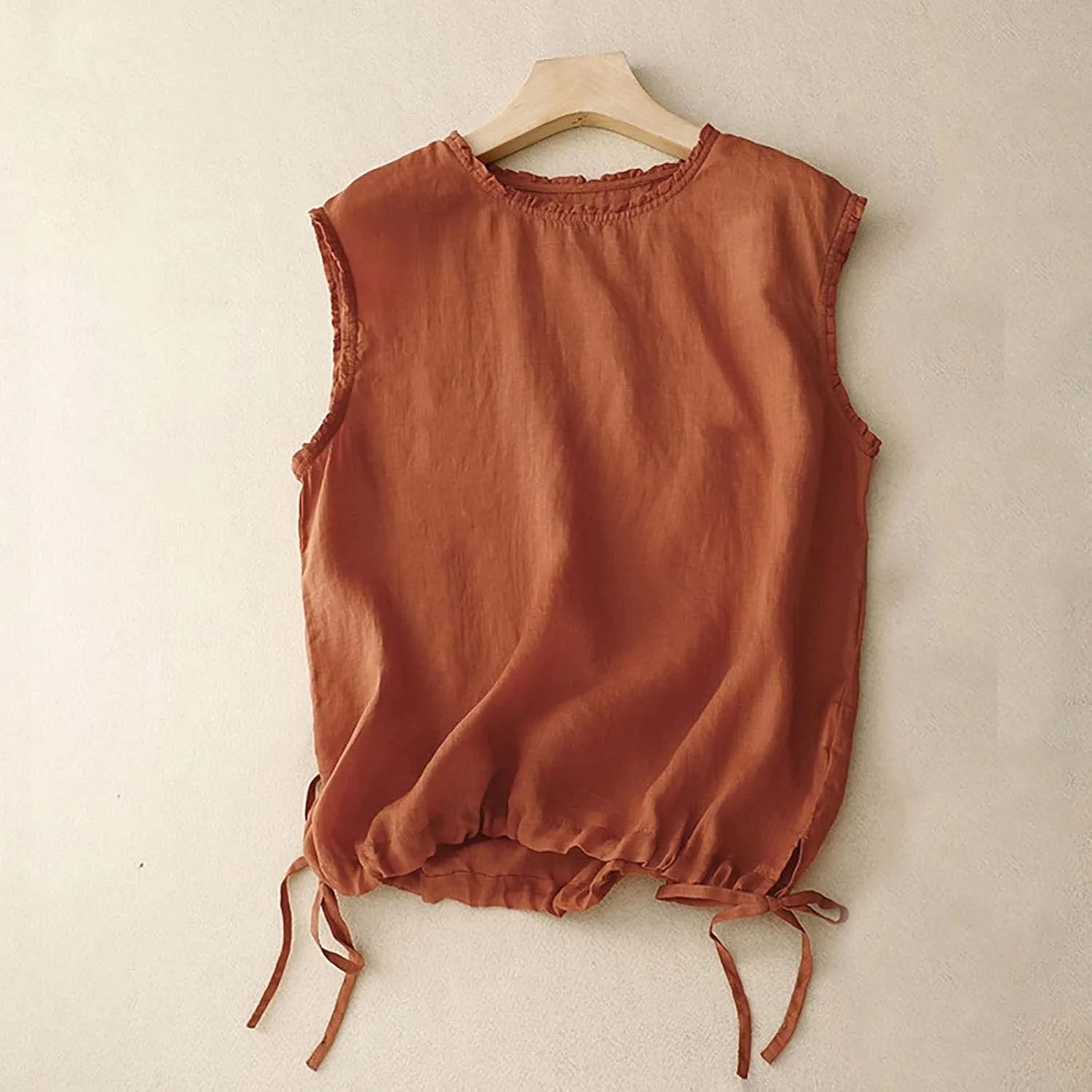 Cotton Linen Tank Tops for Womens Summer Sleeveless Crewneck Vest Casual Solid Color Loose Basic Crop Blouse Shirt