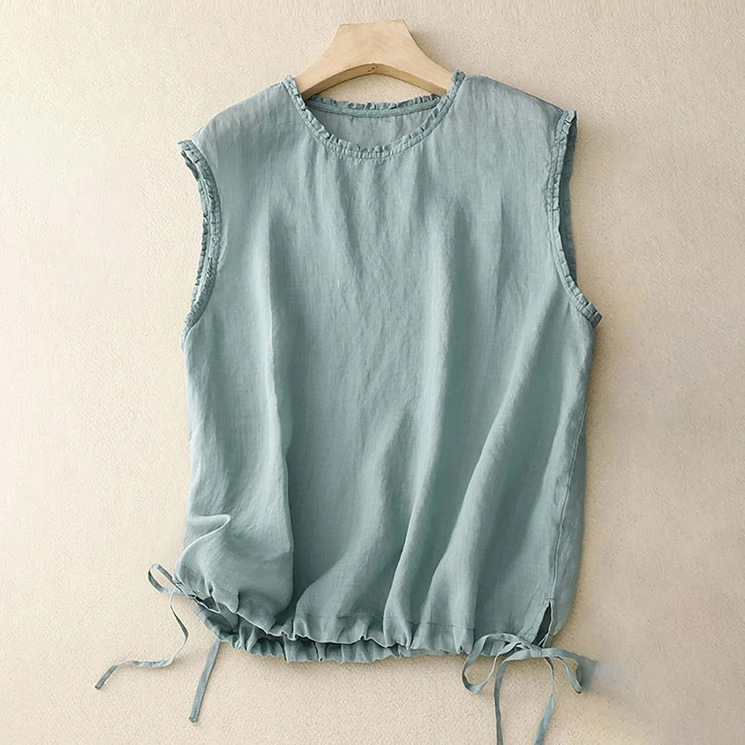 Cotton Linen Tank Tops for Womens Summer Sleeveless Crewneck Vest Casual Solid Color Loose Basic Crop Blouse Shirt