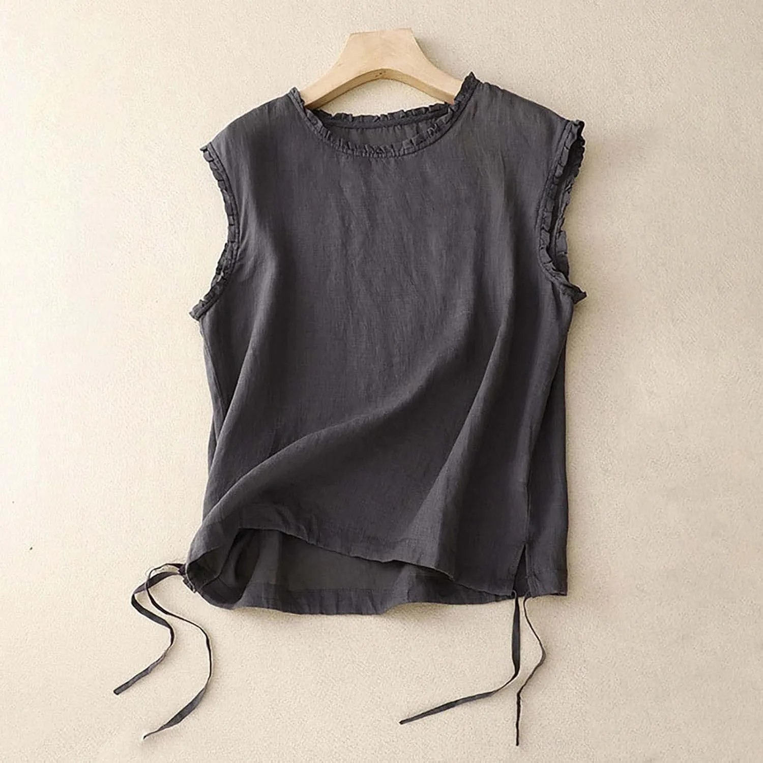 Cotton Linen Tank Tops for Womens Summer Sleeveless Crewneck Vest Casual Solid Color Loose Basic Crop Blouse Shirt