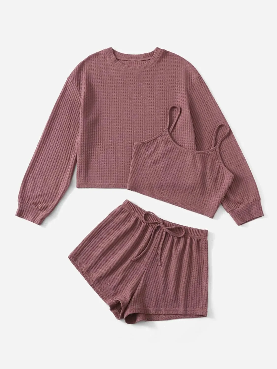 COZYEASE Women's 3 Piece Lounge Sets Ribbed Knit Cami Top Long Sleeve Tee Shirts and Shorts Pajama Sets