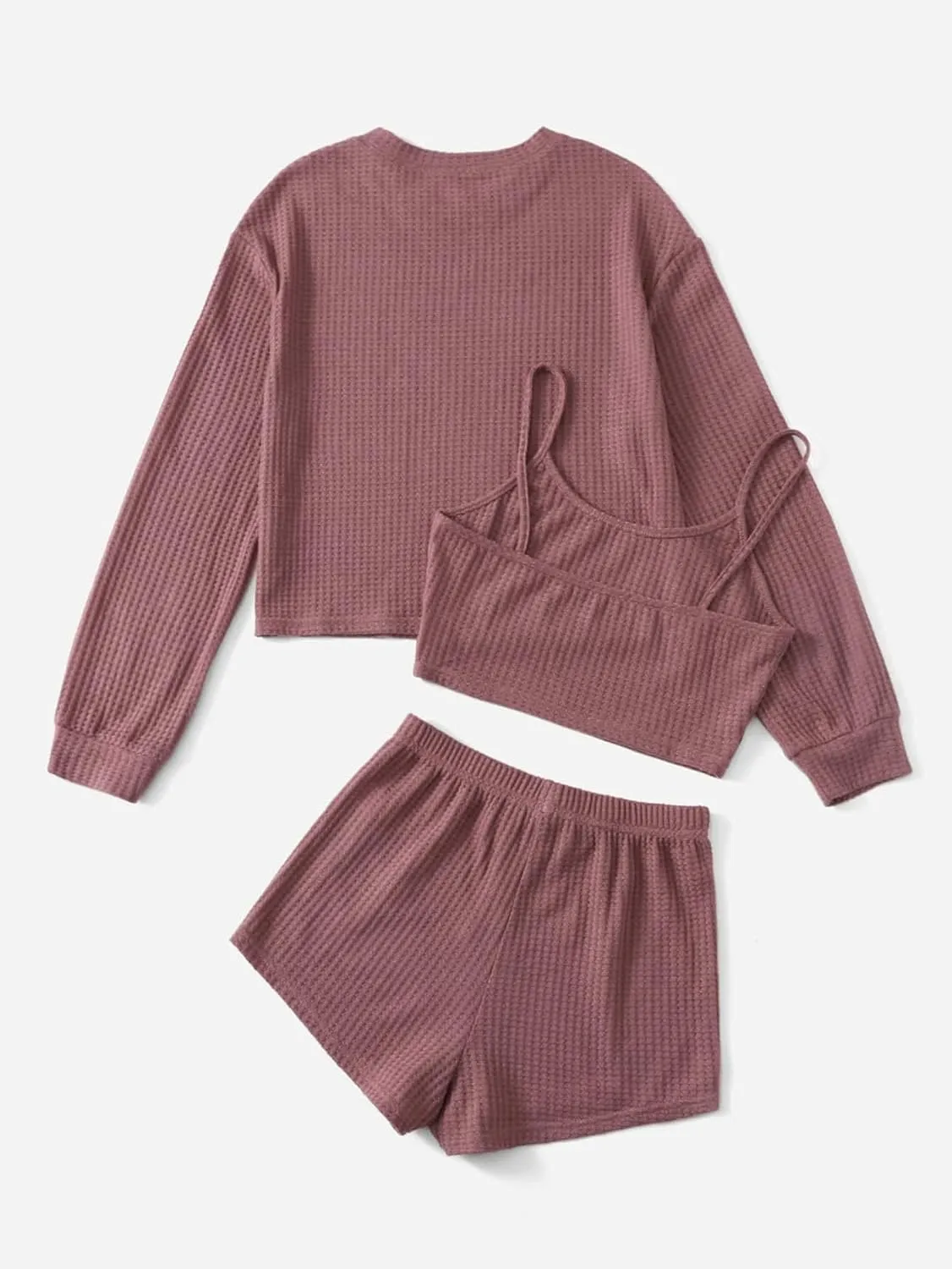 COZYEASE Women's 3 Piece Lounge Sets Ribbed Knit Cami Top Long Sleeve Tee Shirts and Shorts Pajama Sets