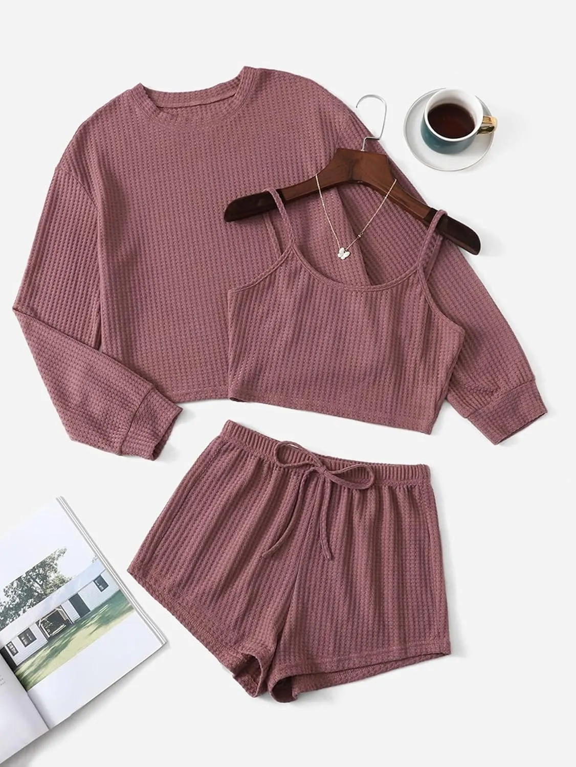 COZYEASE Women's 3 Piece Lounge Sets Ribbed Knit Cami Top Long Sleeve Tee Shirts and Shorts Pajama Sets