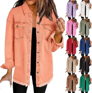 Denim Jacket for Women Fashion Oversized Button Down Long Sleeve Jacket Frayed Hem Long Distresse Tops with Pockets