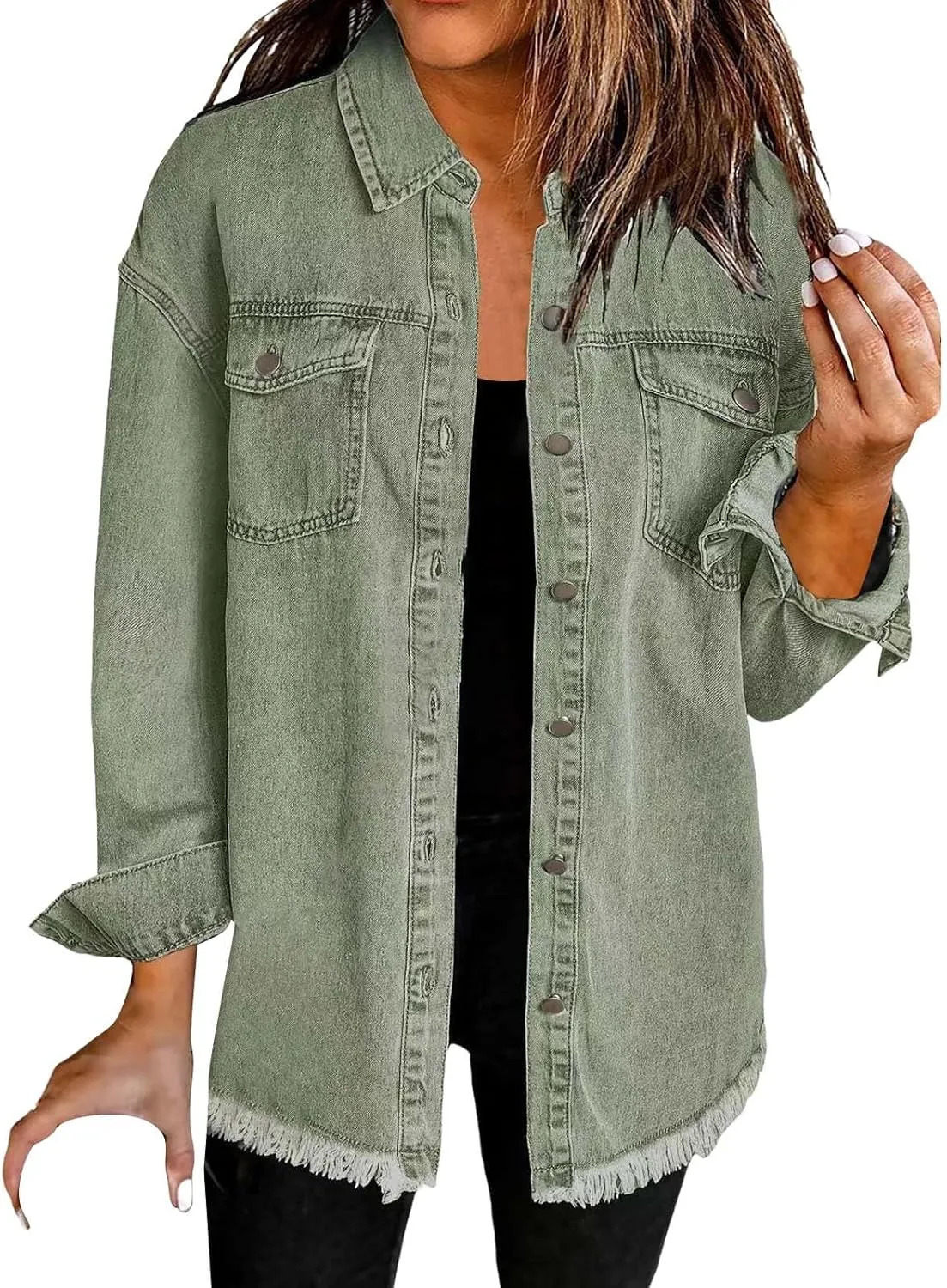 Denim Jacket for Women Fashion Oversized Button Down Long Sleeve Jacket Frayed Hem Long Distresse Tops with Pockets