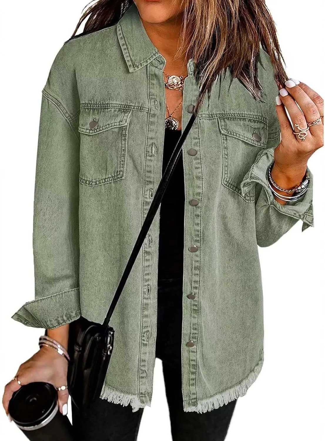 Denim Jacket for Women Fashion Oversized Button Down Long Sleeve Jacket Frayed Hem Long Distresse Tops with Pockets