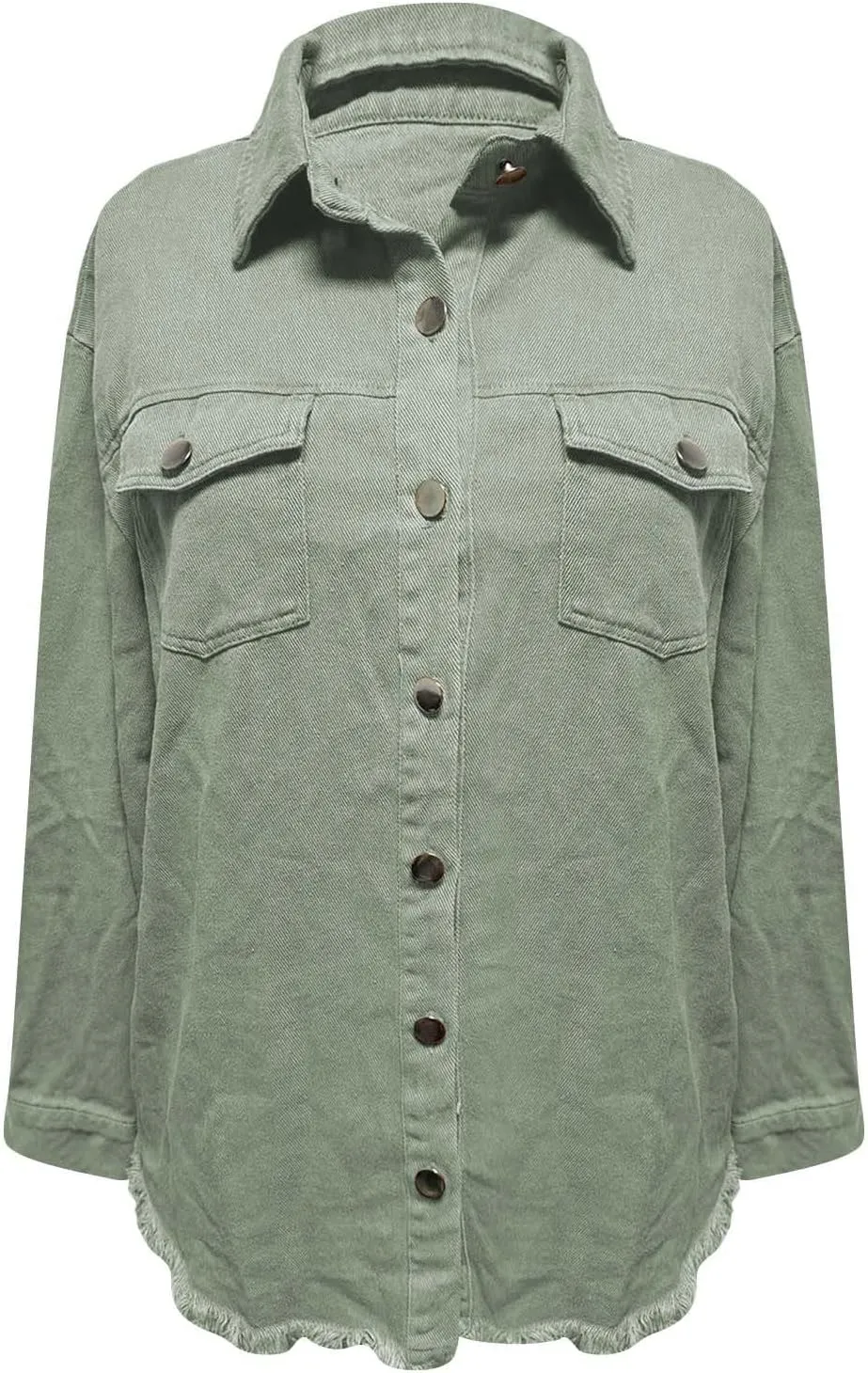 Denim Jacket for Women Fashion Oversized Button Down Long Sleeve Jacket Frayed Hem Long Distresse Tops with Pockets