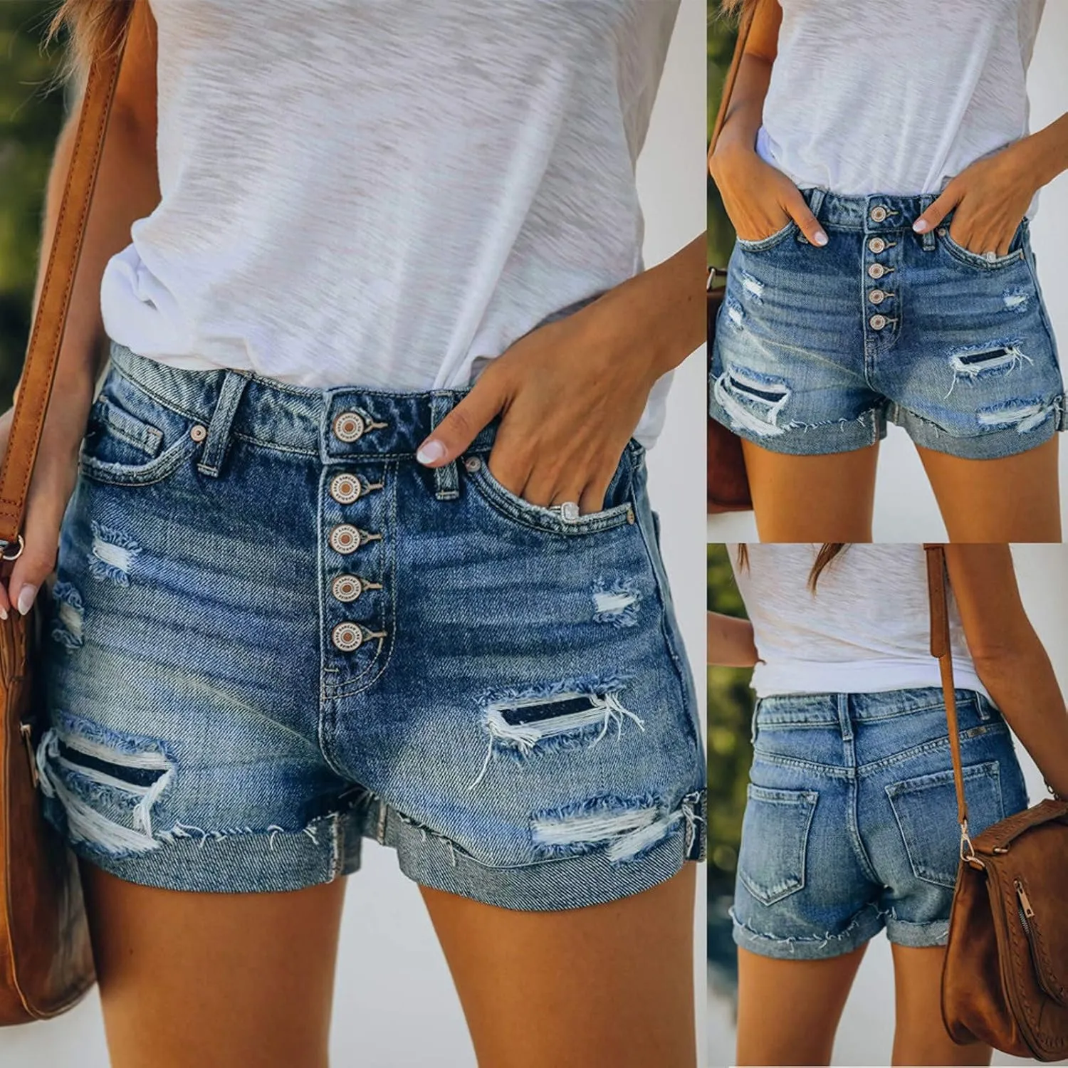 Denim Shorts Women High Waisted Jean Shorts Ripped Hem Shorts Distressed Shorts Stretch Summer Shorts Comfy Shorts
