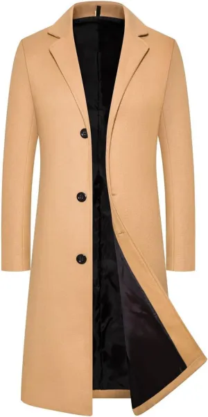 Dgoopd Mens Trench Coat Mid Length Wool Blend Coat Double Breasted Pea Coat Notch Lapel Jacket Dress Casual Winter Overcoat