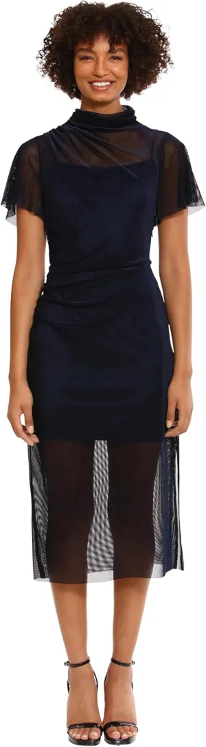 Donna Morgan Women's Slip Dress with Sheer Midi Mock Neck Overlay Party Night Out Event Guest of