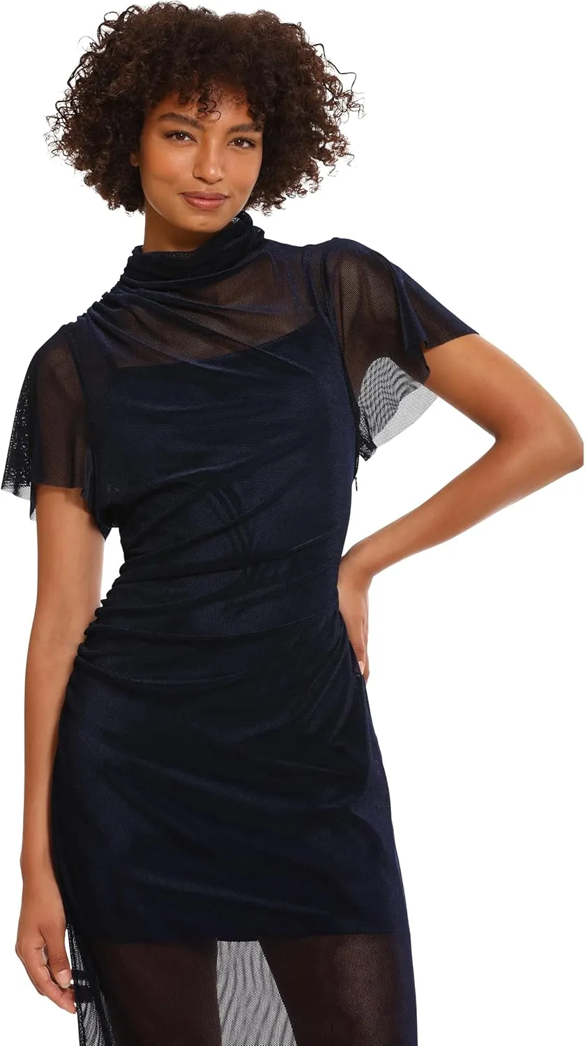 Donna Morgan Women's Slip Dress with Sheer Midi Mock Neck Overlay Party Night Out Event Guest of