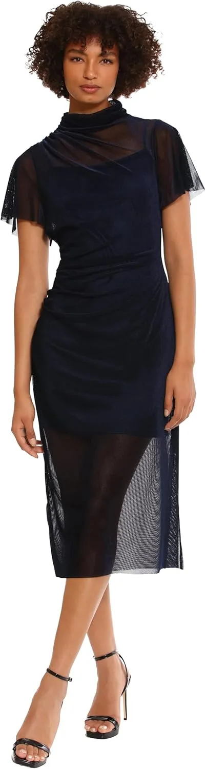 Donna Morgan Women's Slip Dress with Sheer Midi Mock Neck Overlay Party Night Out Event Guest of