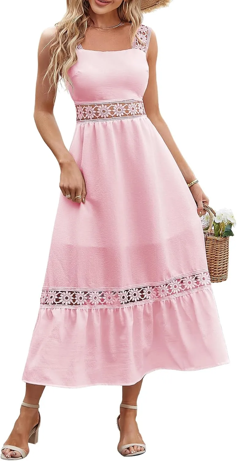 ebossy Women Sleeveless Slip Dress Floral Hollow Out A-line Swing Pleated Tiered Midi Dress