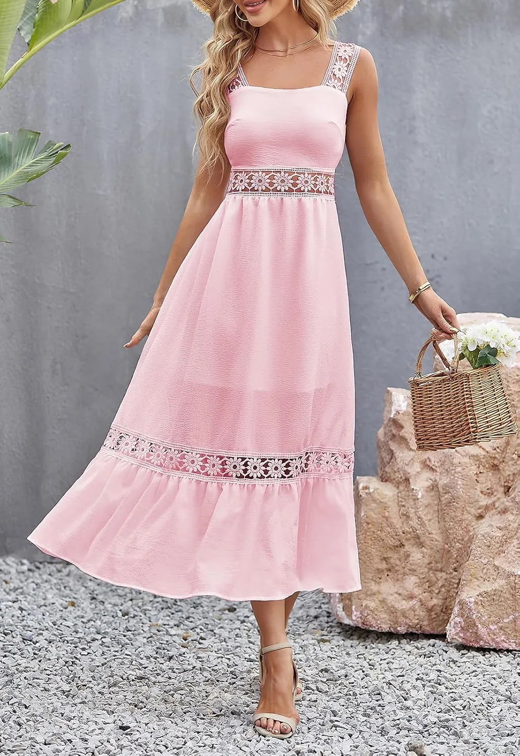 ebossy Women Sleeveless Slip Dress Floral Hollow Out A-line Swing Pleated Tiered Midi Dress