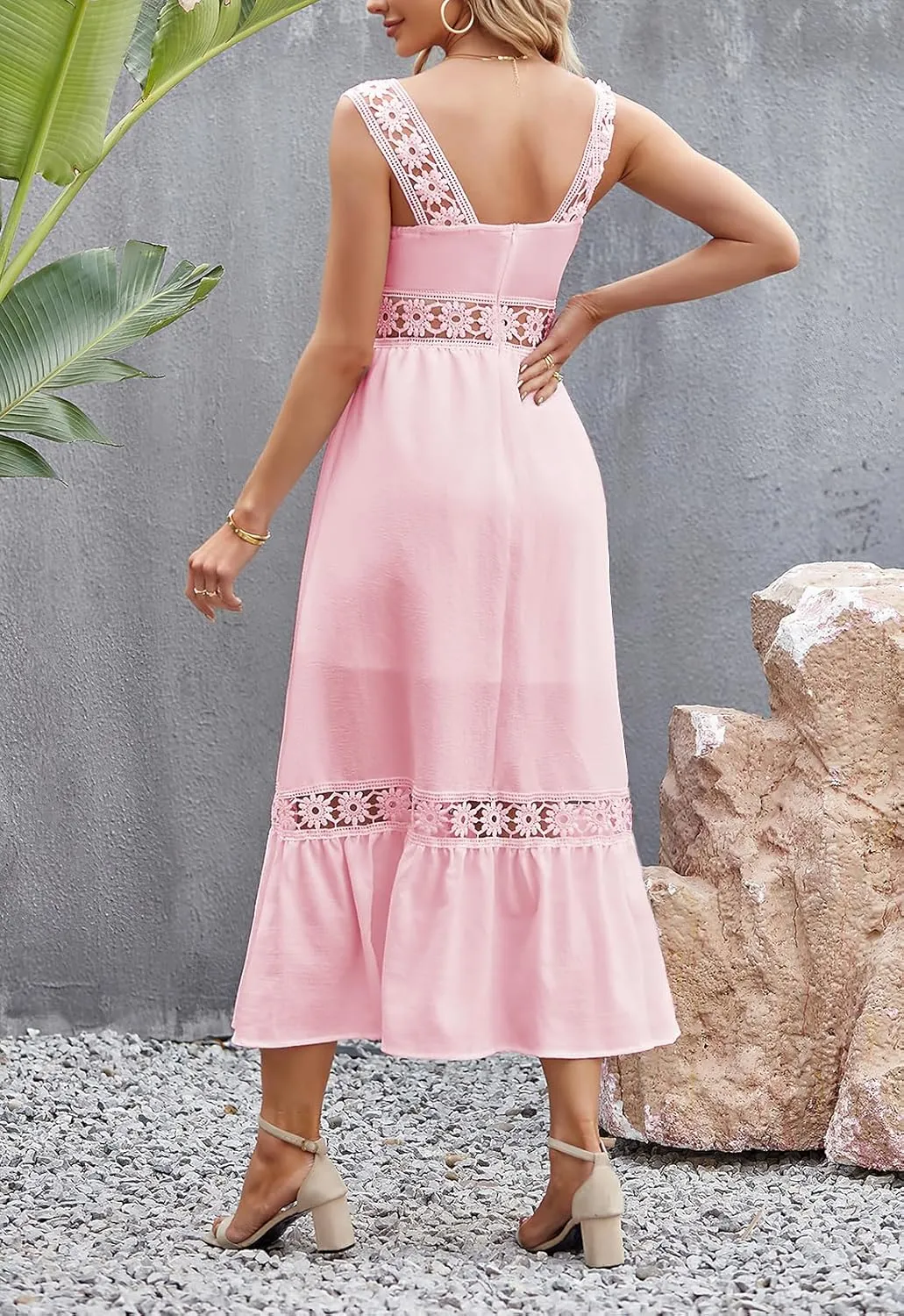 ebossy Women Sleeveless Slip Dress Floral Hollow Out A-line Swing Pleated Tiered Midi Dress