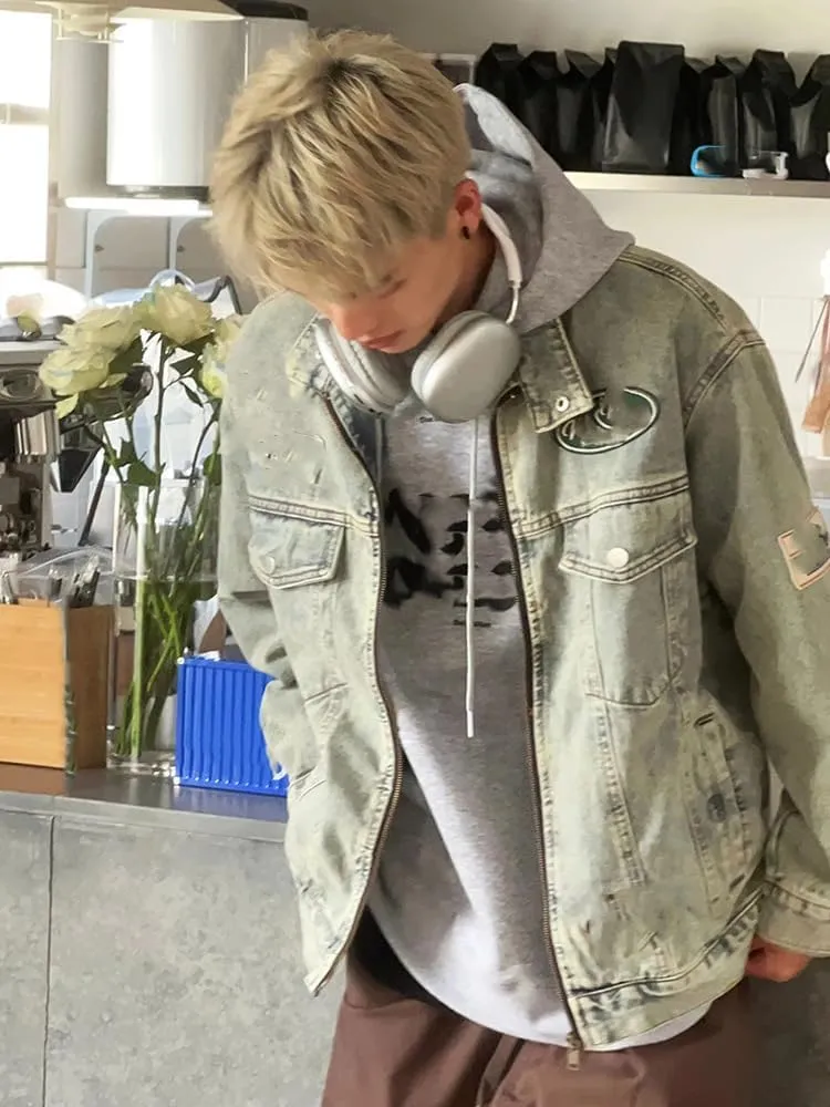 Embroidered Denim Jacket Motorcycle Collar Work Coat
