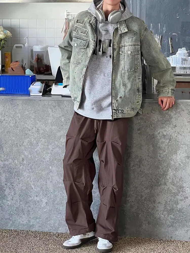 Embroidered Denim Jacket Motorcycle Collar Work Coat