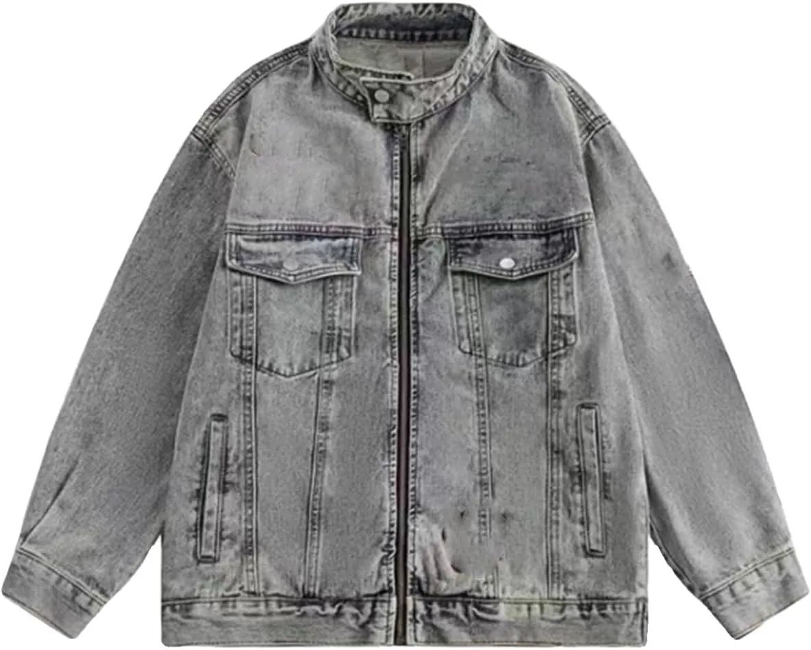 Embroidered Denim Jacket Motorcycle Collar Work Coat