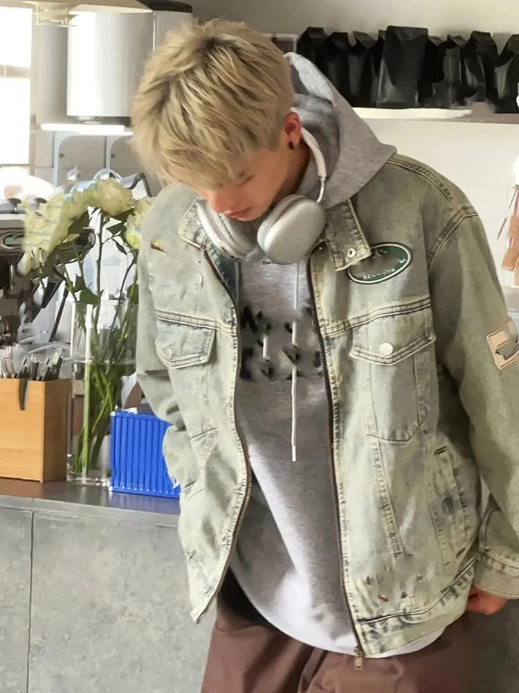 Embroidered Denim Jacket Motorcycle Collar Work Coat