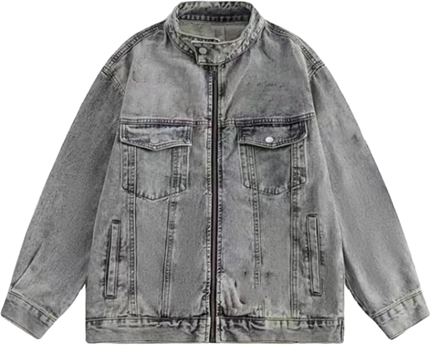 Embroidered Denim Jacket Motorcycle Collar Work Coat