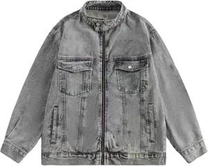 Embroidered Denim Jacket Motorcycle Collar Work Coat
