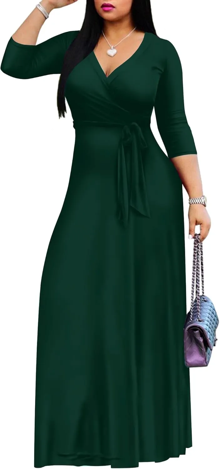 FANDEE Women's 2025 Maxi Dress - Solid Color Bohemian Summer Long Maxi Dress V-Neck 3/4 Sleeve