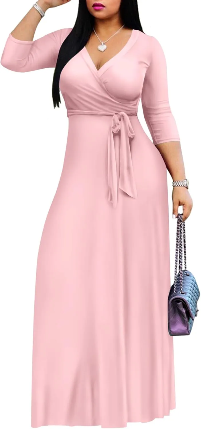 FANDEE Women's 2025 Maxi Dress - Solid Color Bohemian Summer Long Maxi Dress V-Neck 3/4 Sleeve
