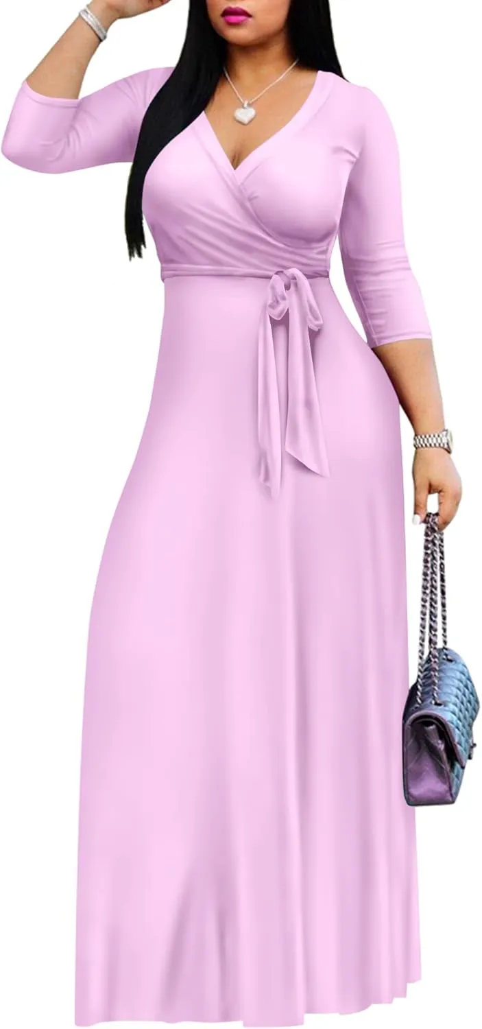 FANDEE Women's 2025 Maxi Dress - Solid Color Bohemian Summer Long Maxi Dress V-Neck 3/4 Sleeve