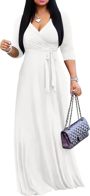 FANDEE Women's 2025 Maxi Dress - Solid Color Bohemian Summer Long Maxi Dress V-Neck 3/4 Sleeve