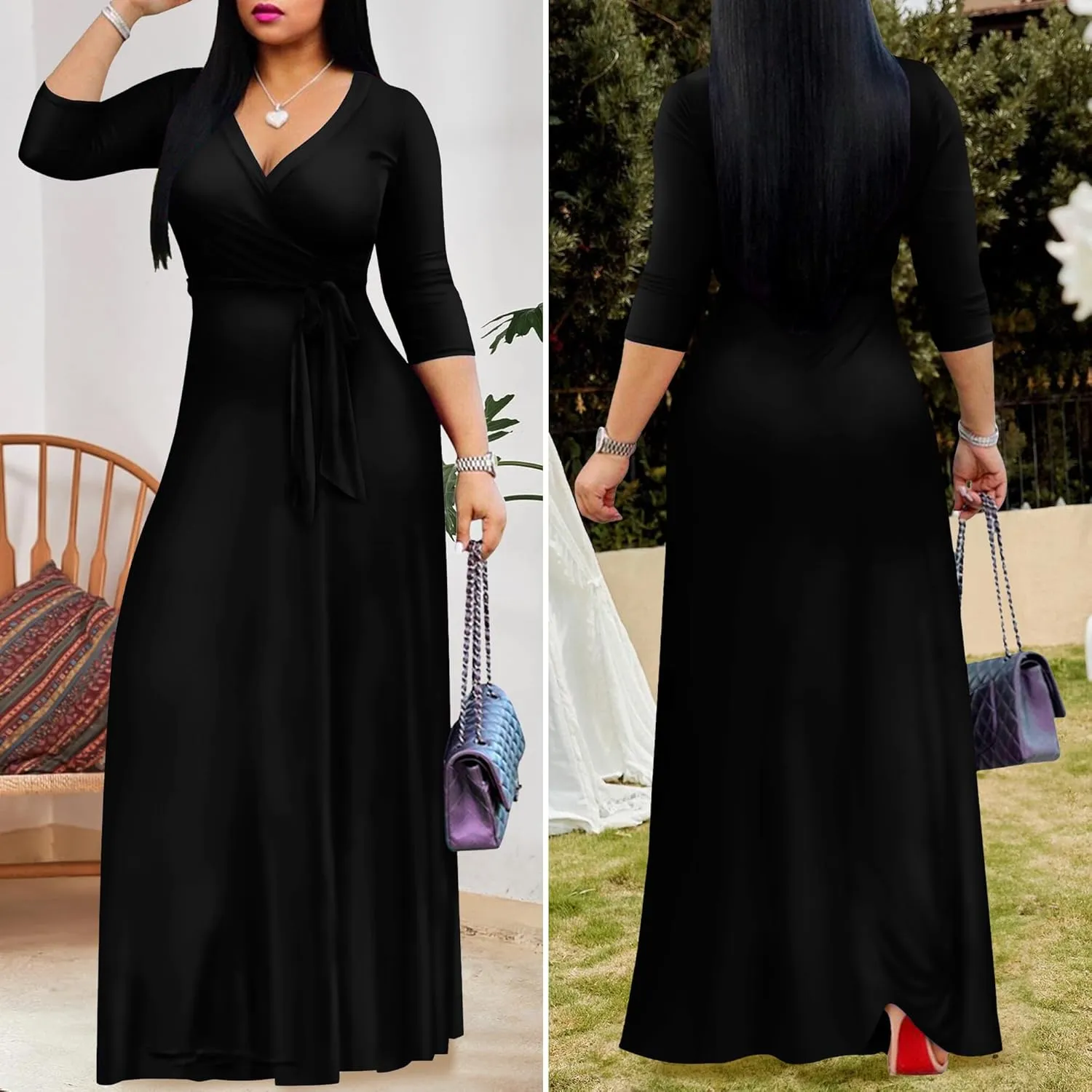 FANDEE Women's 2025 Maxi Dress - Solid Color Bohemian Summer Long Maxi Dress V-Neck 3/4 Sleeve