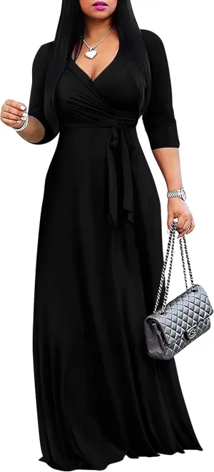 FANDEE Women's 2025 Maxi Dress - Solid Color Bohemian Summer Long Maxi Dress V-Neck 3/4 Sleeve