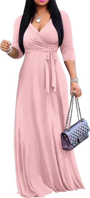 FANDEE Women's 2025 Maxi Dress - Solid Color Bohemian Summer Long Maxi Dress V-Neck 3/4 Sleeve