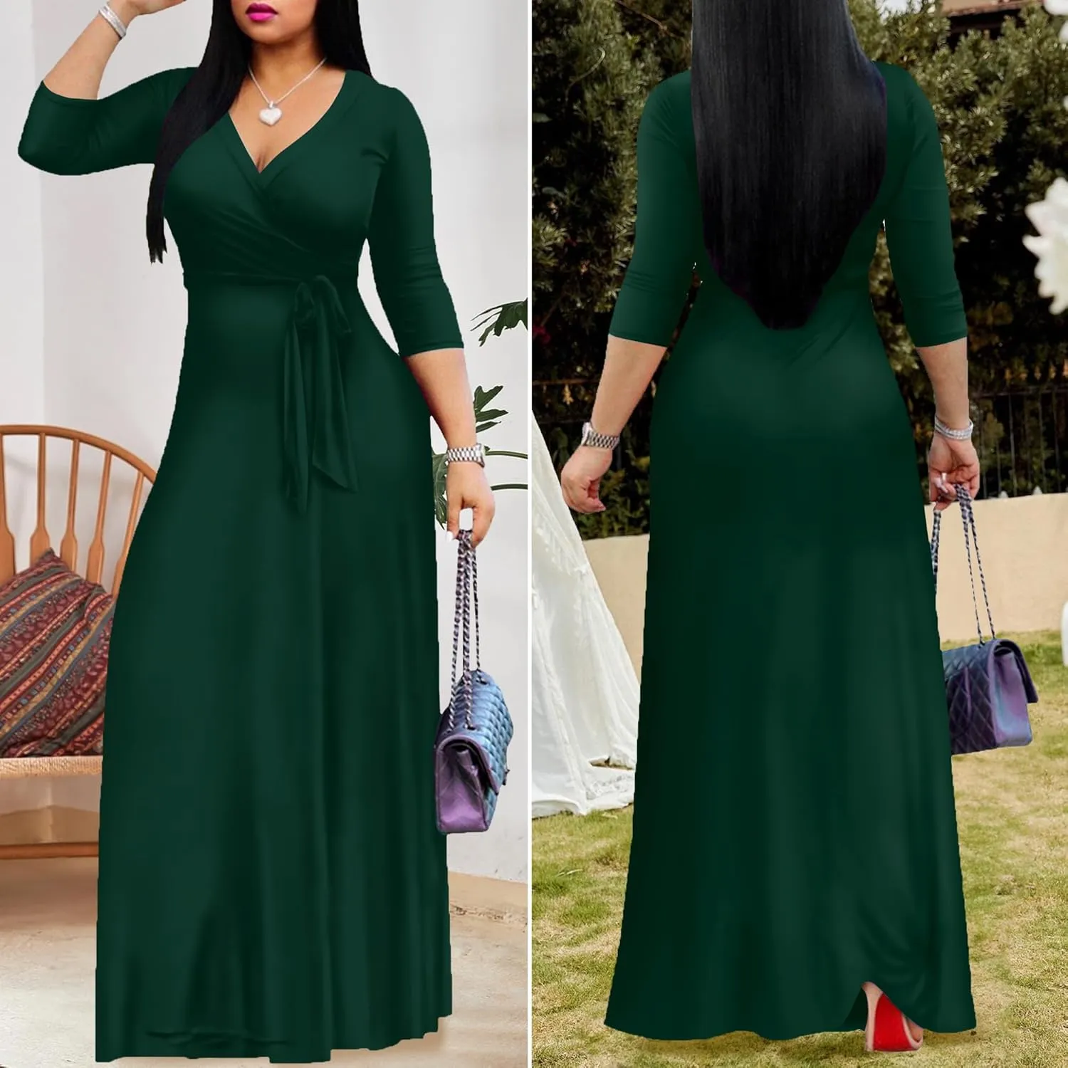 FANDEE Women's 2025 Maxi Dress - Solid Color Bohemian Summer Long Maxi Dress V-Neck 3/4 Sleeve