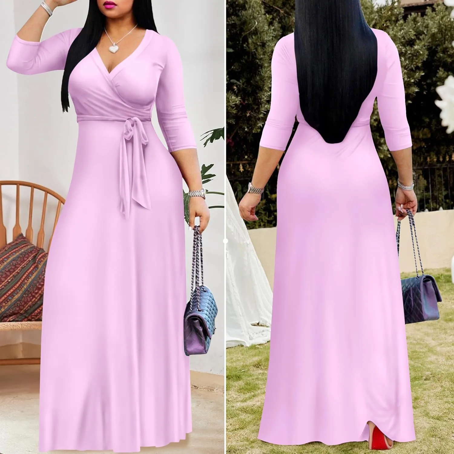 FANDEE Women's 2025 Maxi Dress - Solid Color Bohemian Summer Long Maxi Dress V-Neck 3/4 Sleeve