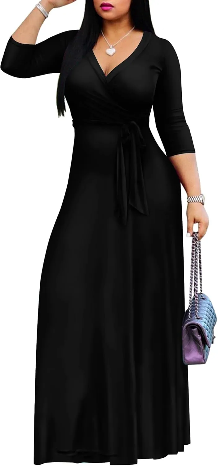 FANDEE Women's 2025 Maxi Dress - Solid Color Bohemian Summer Long Maxi Dress V-Neck 3/4 Sleeve