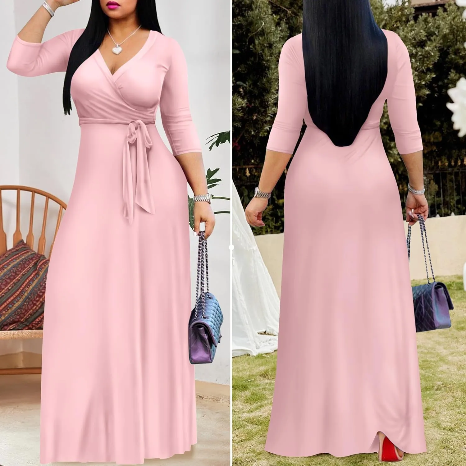 FANDEE Women's 2025 Maxi Dress - Solid Color Bohemian Summer Long Maxi Dress V-Neck 3/4 Sleeve