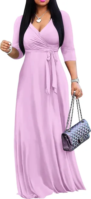 FANDEE Women's 2025 Maxi Dress - Solid Color Bohemian Summer Long Maxi Dress V-Neck 3/4 Sleeve