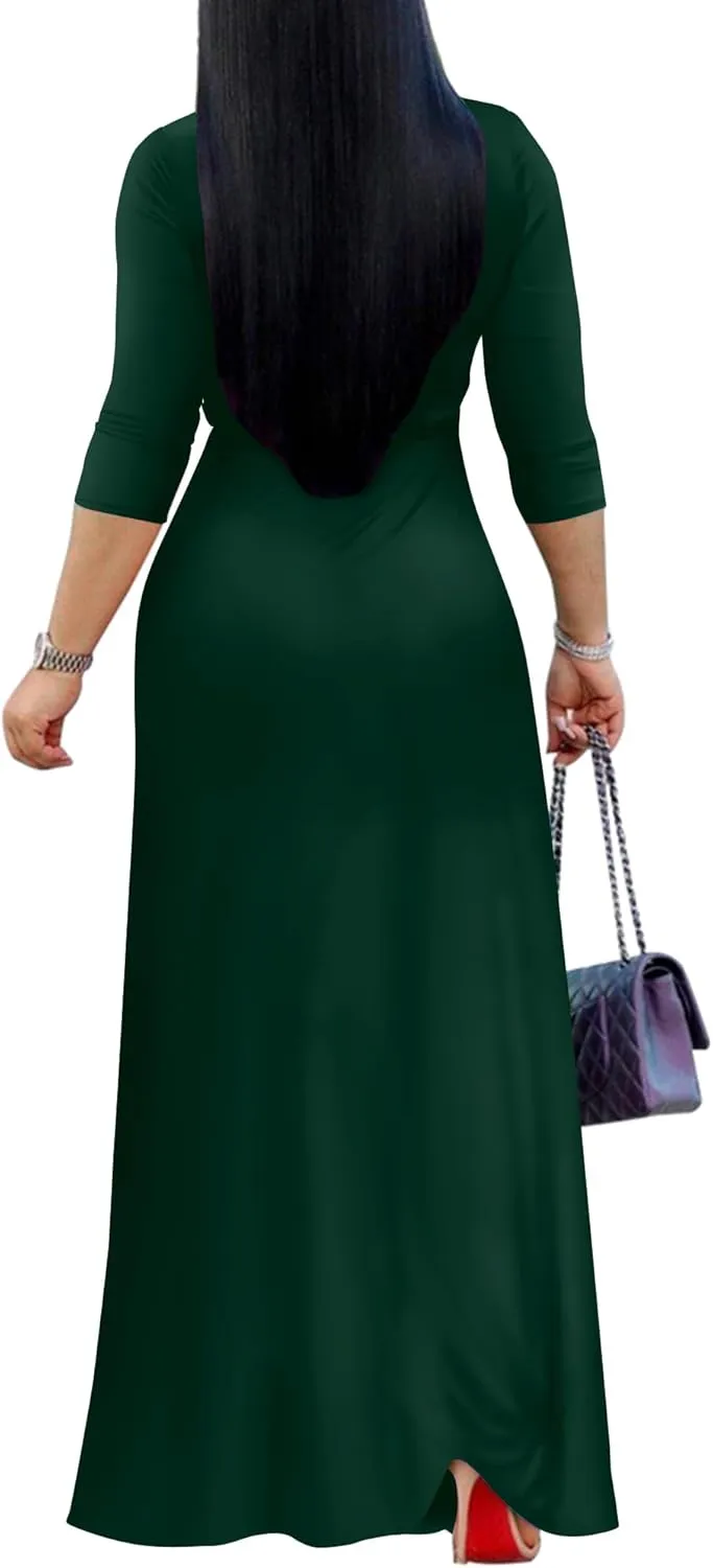 FANDEE Women's 2025 Maxi Dress - Solid Color Bohemian Summer Long Maxi Dress V-Neck 3/4 Sleeve