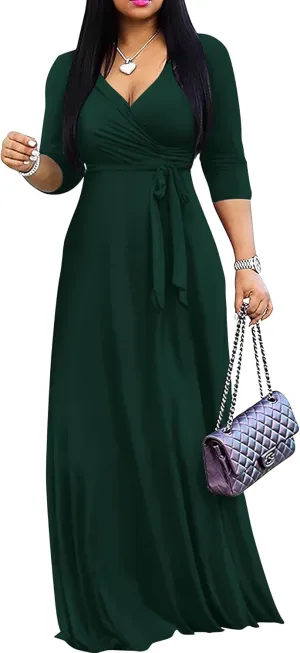 FANDEE Women's 2025 Maxi Dress - Solid Color Bohemian Summer Long Maxi Dress V-Neck 3/4 Sleeve
