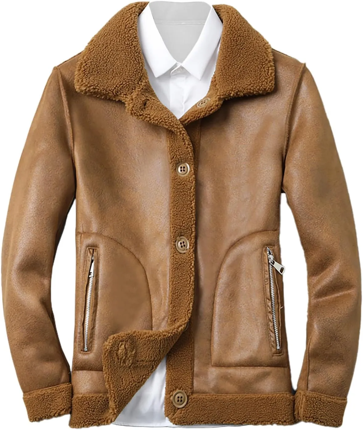 Faux Leather Jacket Men Fall Winter Fleece Lined Warm Coat Button Down Lapel PU Motorcycle Biker Jacket