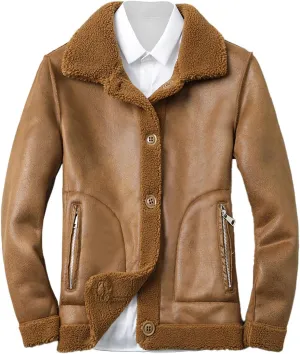 Faux Leather Jacket Men Fall Winter Fleece Lined Warm Coat Button Down Lapel PU Motorcycle Biker Jacket