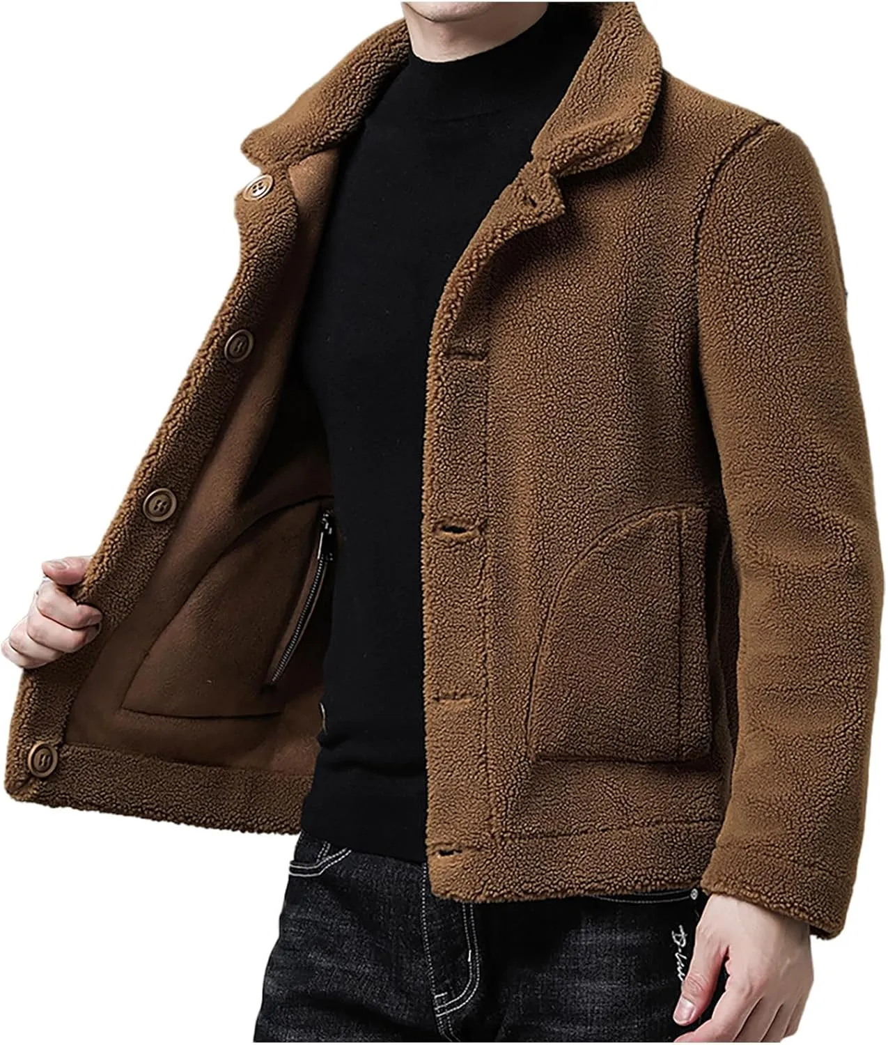 Faux Leather Jacket Men Fall Winter Fleece Lined Warm Coat Button Down Lapel PU Motorcycle Biker Jacket
