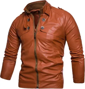Faux Leather Jacket Men Slim Fit Long Sleeve Full Zip Motorcycle Jacket Stand Collar Racer Biker Jacket