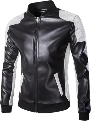 Faux Leather Jacket Mens Color Block Racer Motorcycle PU Leather Full Zip Black Vintage Biker Jacket with Pockets