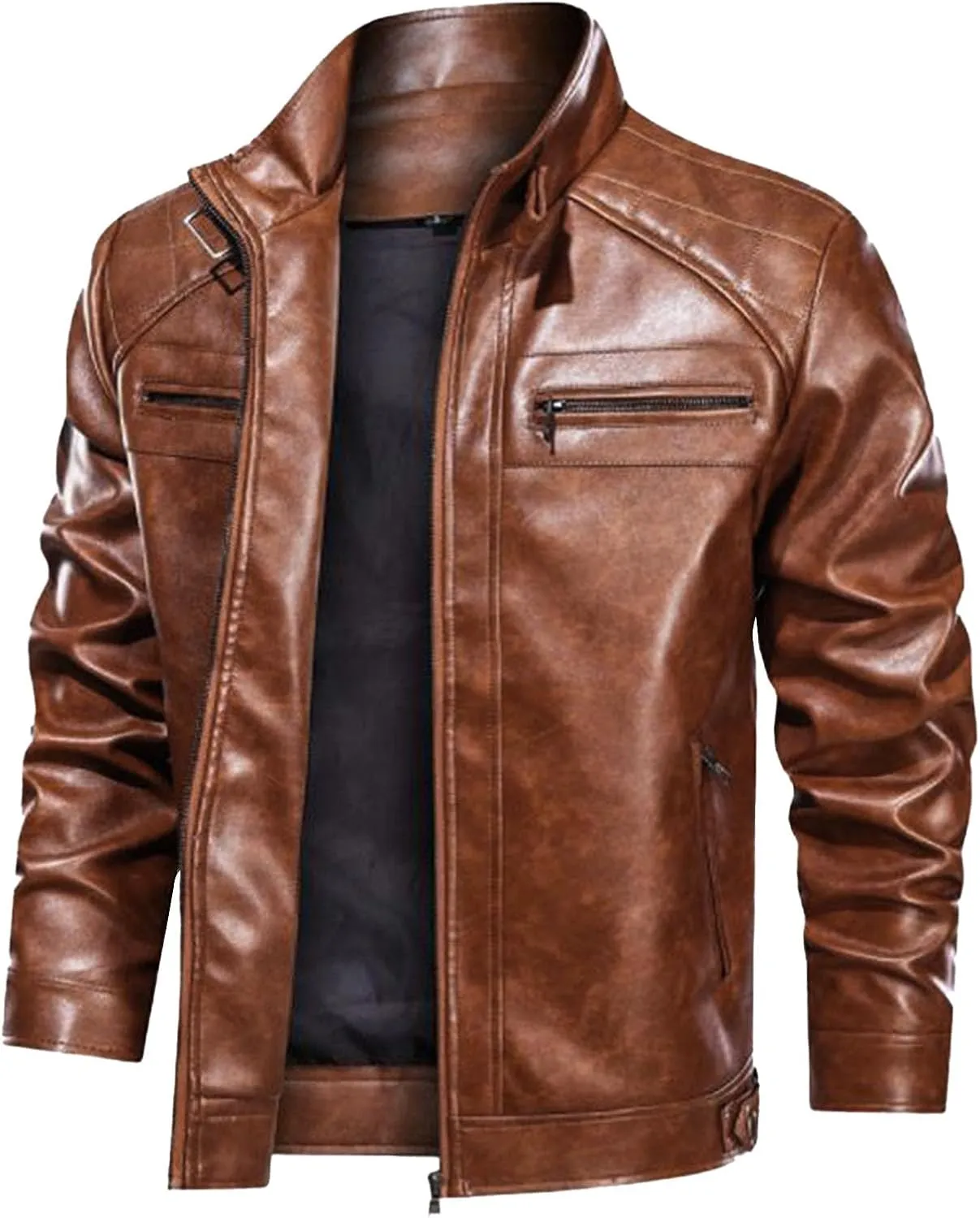 Faux Leather Jackets for Men Black Motorcycle Jacket Long Sleeve Zip Up Biker Bomber Jacket with Pockets