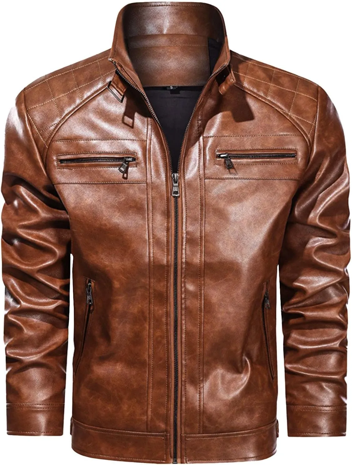 Faux Leather Jackets for Men Black Motorcycle Jacket Long Sleeve Zip Up Biker Bomber Jacket with Pockets