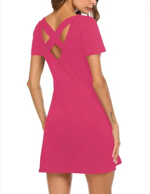 Feager Women's Casual Striped Criss Cross Short Sleeve T Shirt Dress