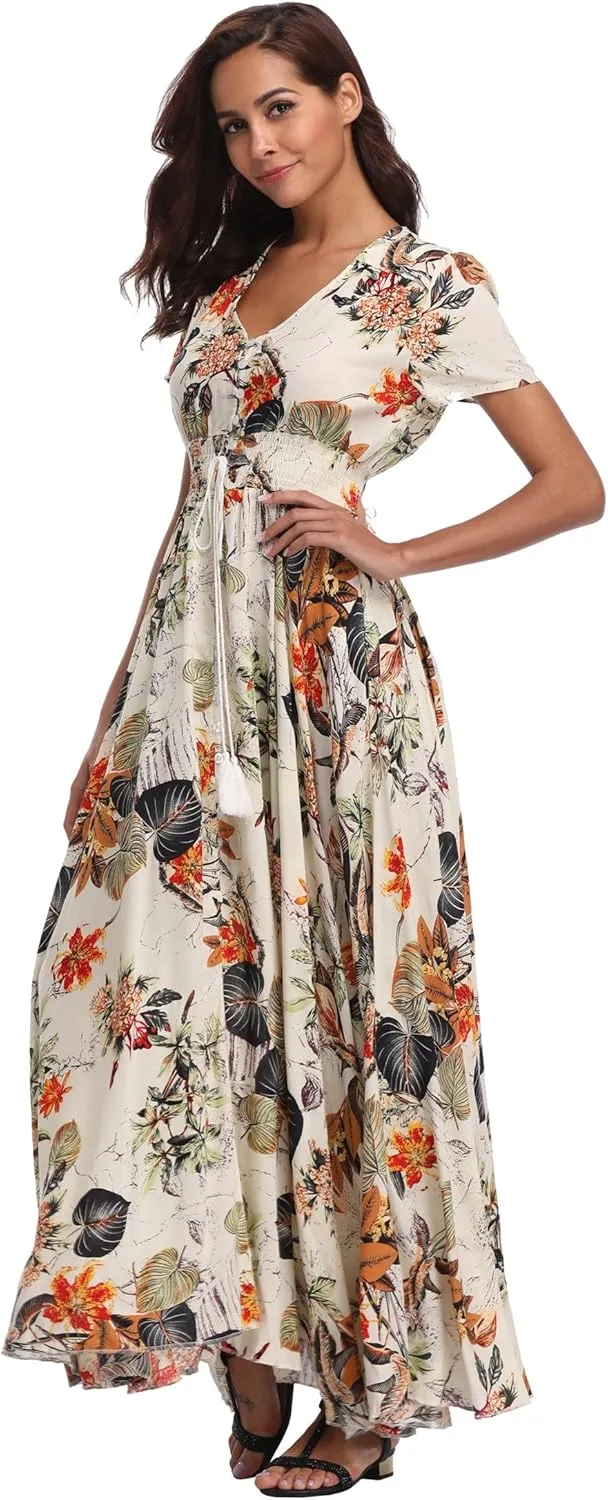 Ferrendo Women's Floral Maxi Dress Button Up Split Flowy Bohemian Party Beach Dresses