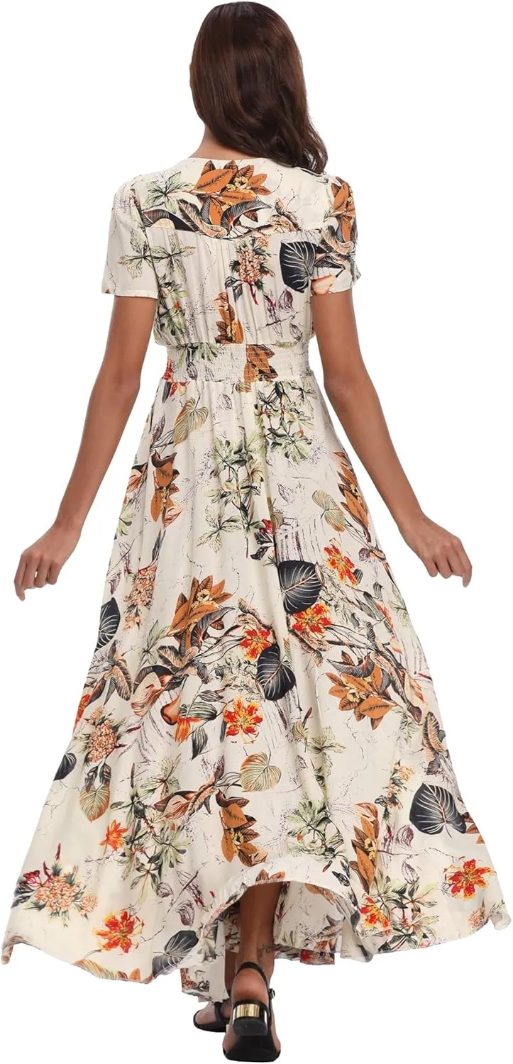 Ferrendo Women's Floral Maxi Dress Button Up Split Flowy Bohemian Party Beach Dresses